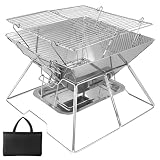 Bemonew Tragbare Feuerstelle, Faltbarer 2-in-1-Außengrill mit verstellbarem Rost und Aschekasten, kompakter tragbarer Grill für Camping, Strand, Hinterhof