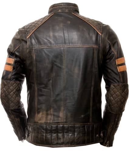 Cafe Racer Vintage Motorcycle Genuine Leather Jacket Red Strips on Sleeves Motorbike Style Retro Rub Off Black2
