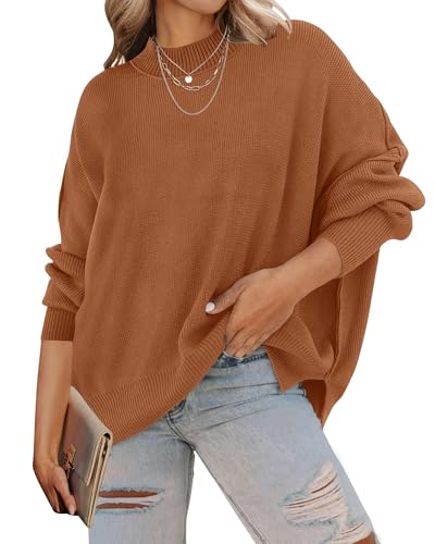 ZESICA Women's Fall 2025 Casual Long Sleeve Crew Neck Side Slit Oversized Ribbed Knit Pullover Sweater Tops,Caramel,Small