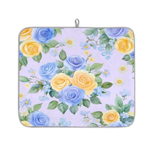 Axurera Tapete de secado de platos con flores de rosas para encimera de cocina, tapete escurridor de platos absorbente, lavable, almohadilla de secado de platos para estantes de drenaje, 46 x 41 cm