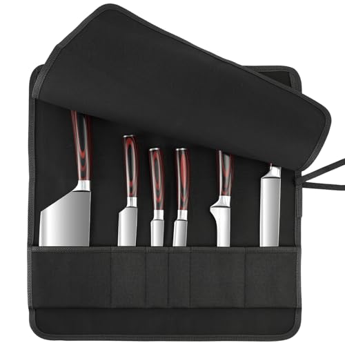 6 Slot Puncture Resistant Knife Roll, Waxed Canvas Knife Bag Featuring UHMWPE Fabric, Tie Straps Knife Roll Bag Fit 8-Inch Chef Knives