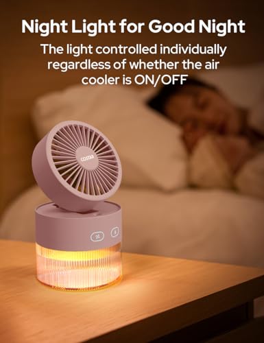 Image of COSTAR Portable Table Fan with Mist Humidify, USB Rechargeable Fan w /Night Light, Brushless 3 Speeds Personal Mini Fan, 180 Rotate Evaporative Air Cooler 350ml Water Tank