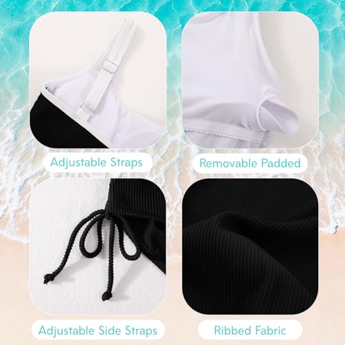 Image of Weixinbuy Girls Swimsuit Ribbed Bathing Suit for Girls Adjustable Strap Color Block Summer Beach One Piece Swimsuit