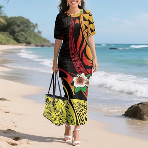 Image of Puletasi Samoan Traditional 2 Piece Outfits for Women Short Sleeve Crop Top and Maxi Skirt Sets Puletasi Dress