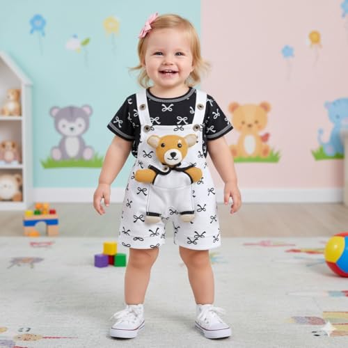 Image of A.T.U.N. (ALL THINGS UBER NICE) Baby Girls Cotton Denim Dungaree Set with 3D Teddy Bear Design |Printed T-Shirt with Adjustable Straps | Stylish & Comfortable Daily Outfit for Baby Unisex