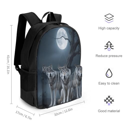 Supdreamc Men Women Polyester Three Wolves Moonlight Dead Trees Art Daypack Big Capacity Shoulder Bag With Smooth Zippers for Hiking Work Walking Cycling2