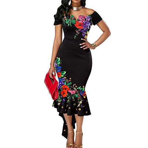 CHoppyWAVE Women's Elegant Party Dress,Sexy Women Flower Embroidered Off Shoulder Asymmetrical Bodycon Mermaid Dress Black L