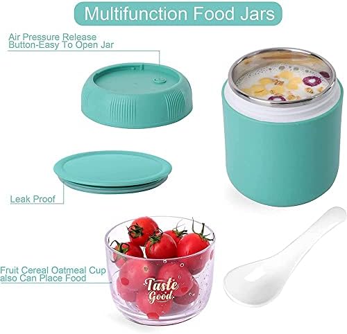 ADLOASHLOU Insulated Food Jar with Topping Cereal or Overnight Oats Container, Portable Leak-Proof Yogurt Parfait Cups with Lids and Spoon, Breakfast Lunch Bento Box for School Office Travel (Green)