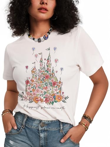 Flafens Graphic Flower Castle Tees T Shirts for Women - Cute Womens T-Shirts Cotton Funny Fashion Tshirts Tops Teens Girls, Small