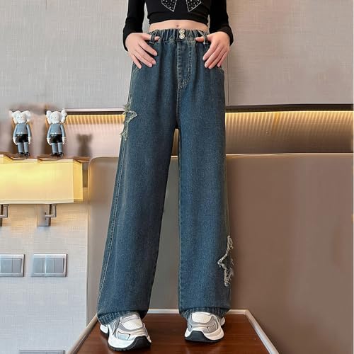 Viatabuna Girls Wide Leg Star Jeans Elastic Waist Cute Embroidery Baggy Pull On Jeans for Kids with Pockets 5-14 Years3
