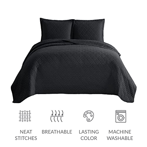 Exq Home Quilt Set Full Queen Size Black 3 Piece,Lightweight Soft Coverlet Modern Style Squares Pattern Bedspread Set For All Season(1 Quilt,2 Pillow Shams) #TOP2