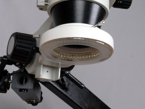 Image of AmScope SM-8BZZ-144S Professional Binocular Stereo Zoom Microscope, WH10x and WH20x Eyepieces, 3.5X-180X Magnification, 0.7X-4.5X Zoom Objective, 144-Bulb LED Ring Light, Articulating-Arm Boom Stand, 110V-240V, Includes 0.5x and 2.0x Barlow Lenses