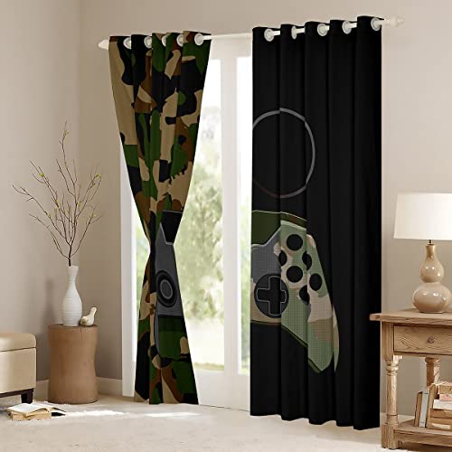 Gamer Curtains Camouflage Gamepad Printed Window Curtains Army Green Video Games Decor Player Gaming Window Drapes For Adult Girls Kids Teens Boys Living Room Bedroom Curtain Panels,2 Panels 42"X84" #TOP2