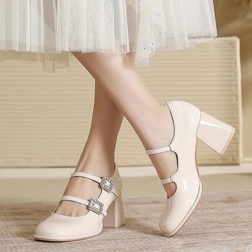 Women's Patent Leather Chunky Heel Mary Jane Shoes Comfortable Round Toe Rhinestones Double Strap Mid Block Heel Dress Pumps for Daily Office Business4