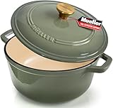 MÜELLERHOME 6 Quart Enameled Cast Iron Dutch Oven For Sourdough Bread Baking, Heavy-Duty, Oven-Safe up to 500° F & Across All Cooktops, Casserole Dishes, Green Kitchen Accessories, Thyme Green