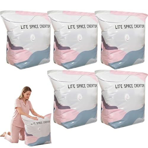 5PCS No Pump 3D Vacuum Storage Bags Press and Seal Compression Bags Reusable Large Vacuum Storage Bags Vacuum Pack Bags for Clothes Duvets Bedding Travel and Home Organisation M-70x50x30cm