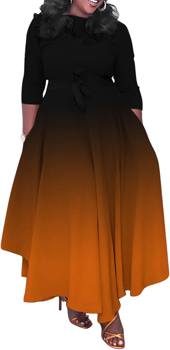 BFFBABY Women's Wrap V Neck Plus Size Maxi Dresses 3/4 Sleeves Chain Floral Printed Swing Dress with Belt