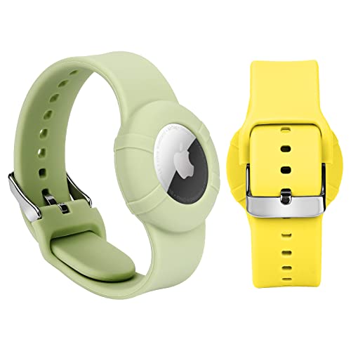 2 Pack Airtag Wristband Compatible with Apple AirTag,Soft Adjustable Airtag Bracelet, Airtag Watch Band for Kids Toddler Baby Children Elders (Yellow&Green)