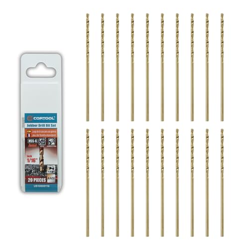 CORTOOL 1/16 inch Cobalt Drill Bits (20Pcs), M35 HSS Metal Jobber Length Twist Drill Bit Set for Hard Metal, Stainless Steel, Iron, Copper, Aluminium, Brass, Plastic & Wood