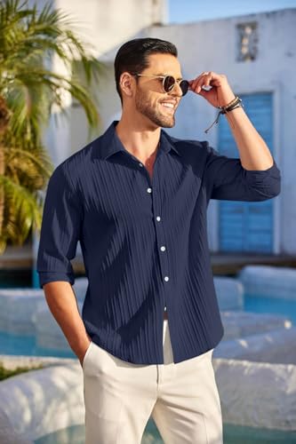 Image of FINIVO FASHION Men's Casual Cotton Plain Button Down Shirt Long Sleeve Textured Summer Beach Shirt for Men