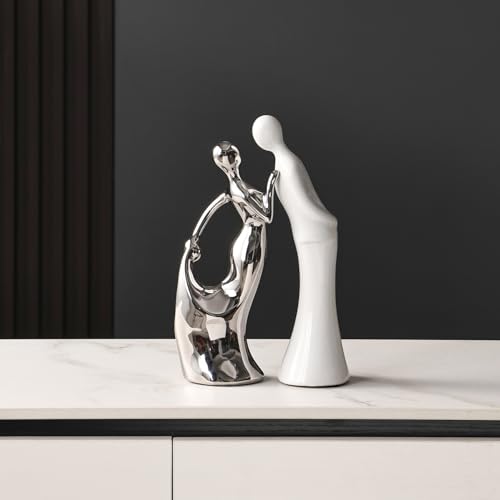 Estatuas de pareja de cerámica decorativas blancas y plateadas miniatura 2