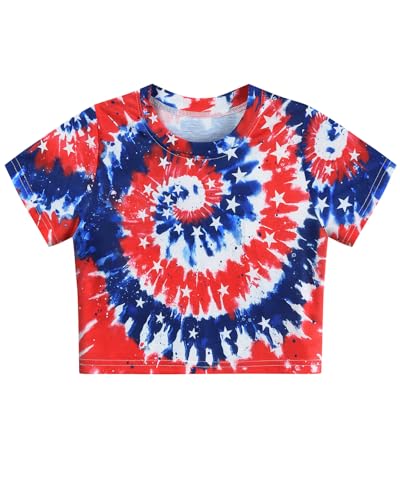 Image of DDSOL Girls July 4th Crop Tops Patriotic Shirt American Flag Short Sleeve Tshirts for Girl 6-14 Years