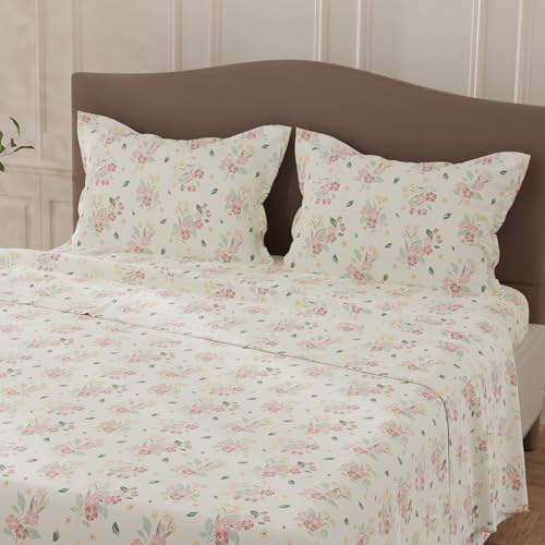 Image of Layers 100% Cotton Bedsheet for Double Size Bed | Lumina Floret Collection | 144 TC Soft & Breathable | Floral Print with 2 Pillow Covers | Wrinkle Free | 3 Piece Bedding Set - Pink & White