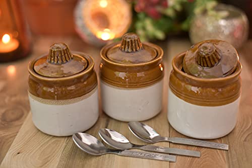 Image of Ceramic Handmade Pickle Jar Set with Lid, Dining Table Pickels Containers and an Ideal Gift for Family (250ml) (3 pc) and Steel Spoon 3 pc