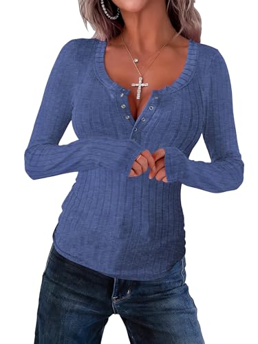 Image of APOFER Women's Long Sleeve Tunics Lightweight Ribbed Knit Blouse Scoop Neck Tops Snap Button Slim Fit Casual Henley Shirt