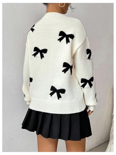 GORGLITTER Women's Bow Sweater Long Sleeve Crew Neck Vintage Y2k Knitted Sweater2