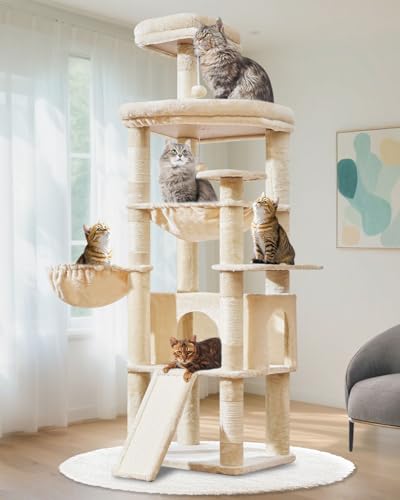 Image of Taoqimiao 72 Inches Cat Tree for Large Cats, Multi-Level Tall Cat Tower, Widened Cat Condo with Large Scratch Board, 5 Scratching Posts, Metal Hammcock, Cozy Basket, Beige, MS045M