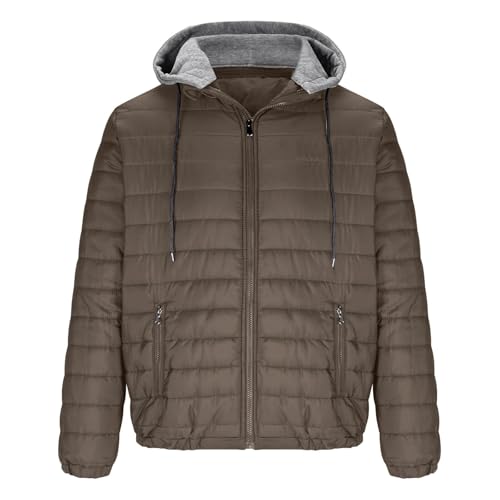Steppjacke Herren Winter Daunenjacke Leicht Dünne Winterjacke Schwergewicht Jacket mit Kapuze Langarm Herrenjacke Classic Einfarbige Mantel Fashion Bequeme Kapuzenjacke 01 Braun L