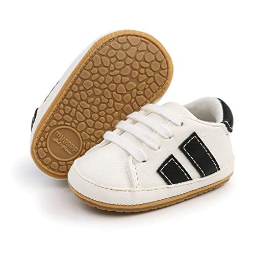 KIDSUN Infant Baby Boy Sneaker Rubber and Soft Sole Baby Moccasin Girls Newborn Oxford Loafers Soft Shoes Toddler Girl Baby Walking Shoes (C2_White&Black_PU Leather/, 12_Months)