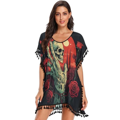 Red Rose Hand Skeleton Art Women's Beach Cover Up Chiffon Tassel Swimwear Swimsuit Coverups for Girl