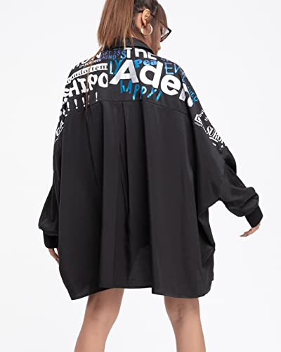 ellazhu Women's Loose Fit Oversized Button-Up Top with Batwing Sleeves High-Low Hem Printed with Newspaper Design GY27493