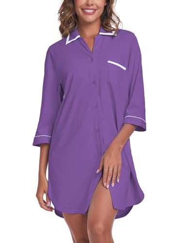 Image of COLORFULLEAF 100% Cotton Nightgowns for Women 3/4 Sleeve Sleep Shirt Button Down Soft Sleepwear Night Dress S-XXL