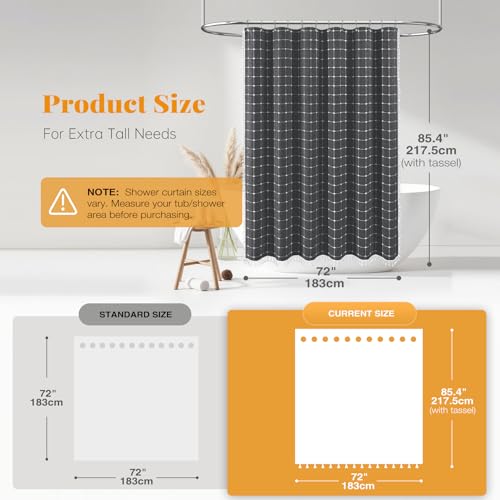 Image of BTTN Extra Long Shower Curtain - 72x84 Inch Long Boho Chic Tassel Linen Fabric Shower Curtain Set with Hooks, Tall Modern Farmhouse Heavy Duty Cloth Shower Curtains for Bathroom - Charcoal Grey /Gray