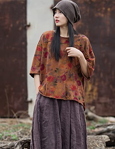 NFYM Summer Tops for Women Floral Print Blouse Short Sleeve Hi-Low T-Shirt Casual Comfy Cotton Tops4