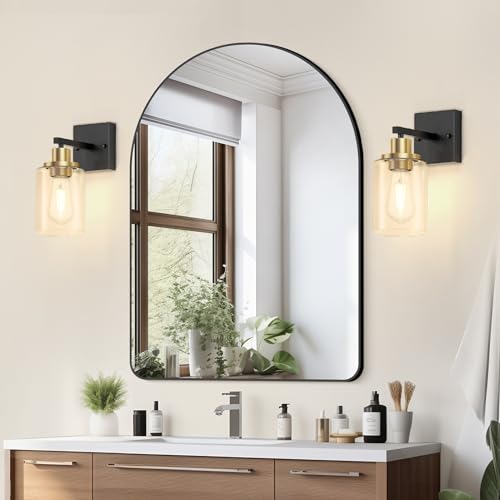 Licperron Black and Gold Wall Sconces Set of 2 with Clear Glass Shade, Matte Black Vanity Light Fixtures, Farmhouse Wall Lights for Bathroom, Bedside, Mirror, Living Room, Hallway