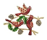 Gyn&Joy Holiday Christmas Xmas Hand Painted Red Bird Cardinal on Poinsettia Branch Rhinestone Brooch