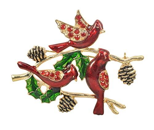 Gyn&Joy Holiday Christmas Xmas Hand Painted Red Bird Cardinal On Poinsettia Branch Rhinestone Brooch Pin #TOP17