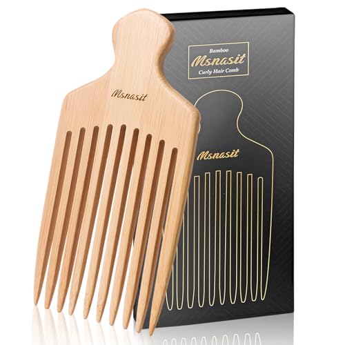 Bamboo Hair Pick for Curly Hair Premium Wooden Wide Tooth Detangling Comb with Ergonomic Handle Natural Volume & Styling Tool for Men Women Fine or Thick Beard Pick