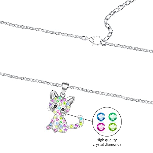 CANIPHA Cat Pendant Necklace for Girls Kids,Small Cute Kitty Rainbow Rhinestone Pendant Necklace Jewelry for Women Teen Girls 10-12,Crystal Choker Friendship Daughter Loved Gifts 18+2 inch Long Chain4