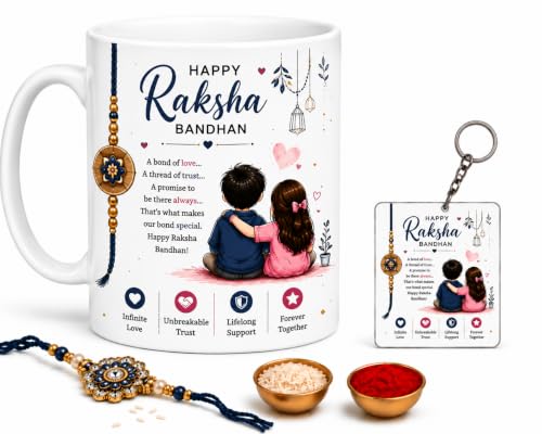 Image of Rakhi Celebration Ceramic Coffee Mug | Brother Sister Combo with Keychain, Roli & Chawal