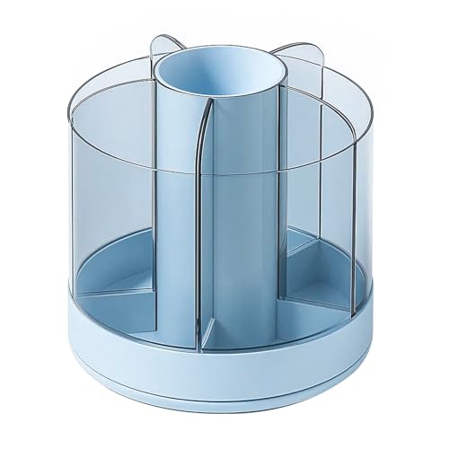 DoocliB 透明 ペン立て 蓋付き ペンホルダー 360度回転 デスクオーガナイザー（青）