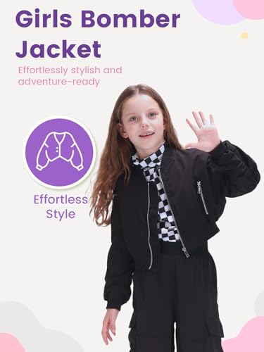 WELAKEN Lightweight Multiple Pockets Zip Up Bomber Jacket for Girls Toddler & Kids II Little Girl's Casual Flight Crop Jacket3