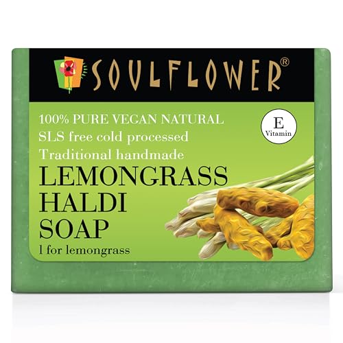 Image of Soulflower Lemongrass Haldi Soap for Refreshed and Oil-free Radiant Skin - Handmade, 100% Pure, Natural & Cold processed Grade 1 BIS Standard Premium, 150g,Green