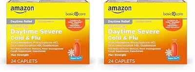 Amazon Basic Care Daytime Severe Cold & Flu Relief Caplets, Medication for Severe Cold and Flu Symptoms Like Headache, Fever, Coughing, Chest & Nasal Congestion, Vapor Ice, 24 Count (Pack of 2)