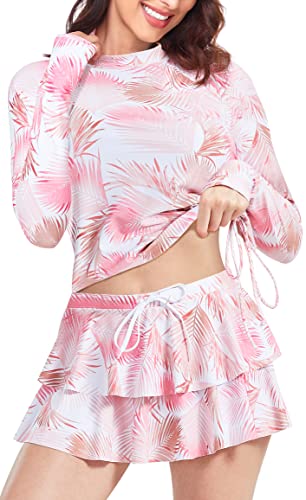 UNIQUEBELLA Rash Guard, Maglietta da Surf UV a Maniche Lunghe UPF 50+, Protezione Solare ad Asciugatura Rapida, Costume da Bagno, Gonna Rosa, XS