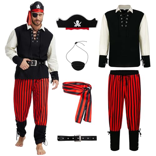 QPAXUCR 6PCS Mens Pirate Costume Adult Halloween Costume with Accessories for Themed Parties (Medium)